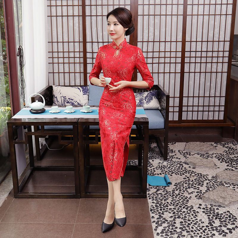 3/4-Sleeve Lace Midi Cheongsam