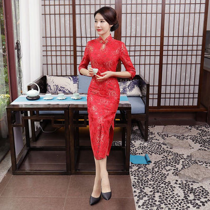 3/4-Sleeve Lace Midi Cheongsam