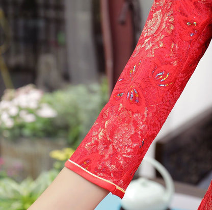 3/4-Sleeve Lace Midi Cheongsam