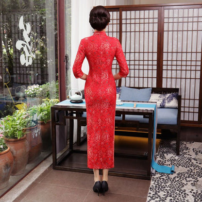 3/4-Sleeve Lace Midi Cheongsam