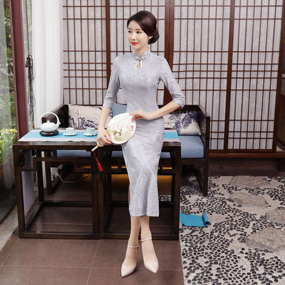 3/4-Sleeve Lace Midi Cheongsam