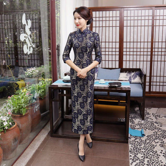 3/4-Sleeve Lace Maxi Cheongsam