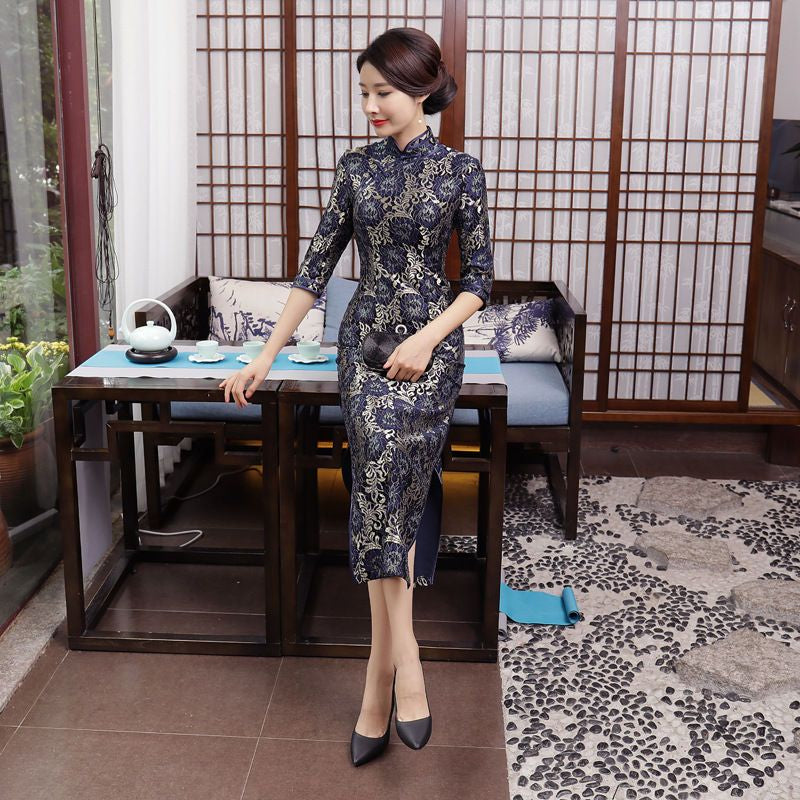 3/4-Sleeve Lace Maxi Cheongsam