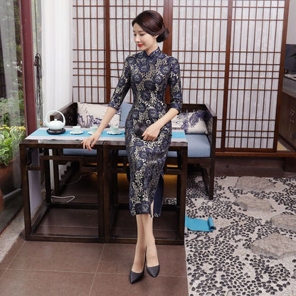 3/4-Sleeve Lace Maxi Cheongsam