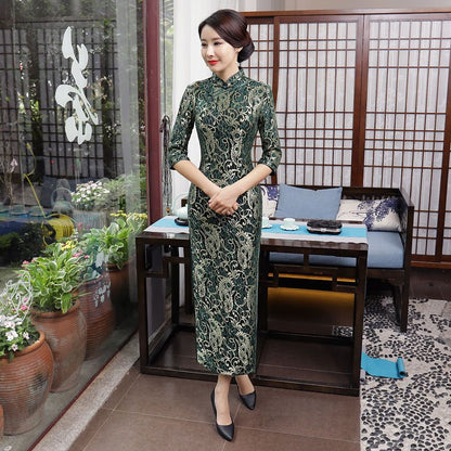 3/4-Sleeve Lace Maxi Cheongsam