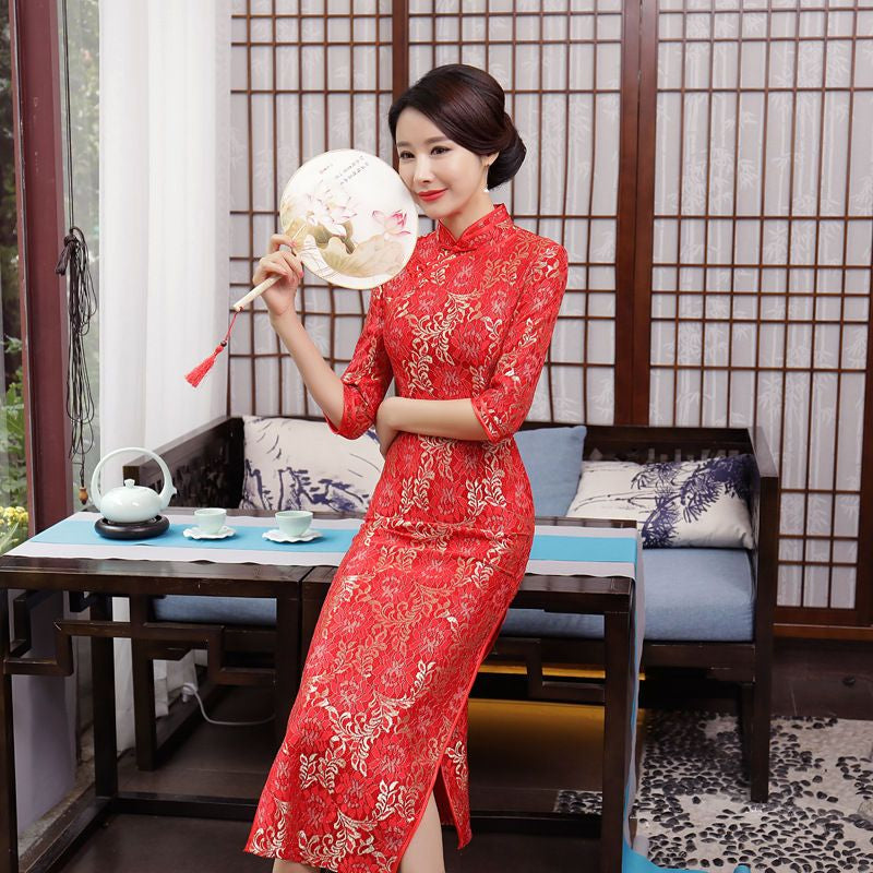 3/4-Sleeve Lace Maxi Cheongsam