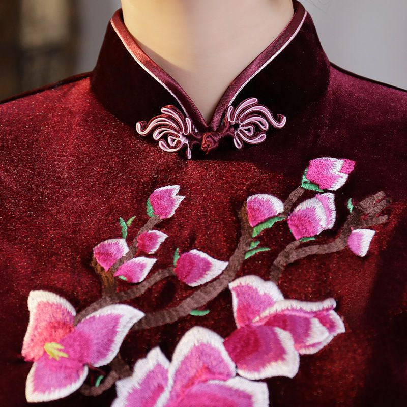 3/4-Sleeve Embroidery Maxi Cheongsam