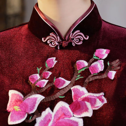 3/4-Sleeve Embroidery Maxi Cheongsam