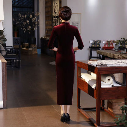 3/4-Sleeve Embroidery Maxi Cheongsam