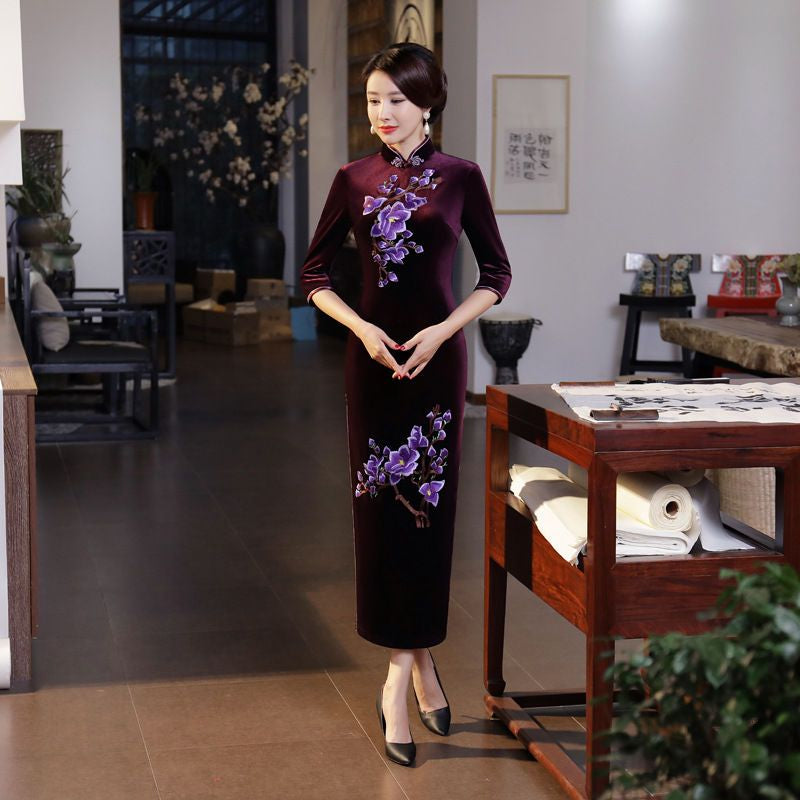 3/4-Sleeve Embroidery Maxi Cheongsam