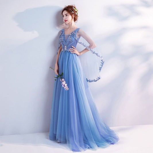 Flower Embroidered Sleeveless Evening Gown