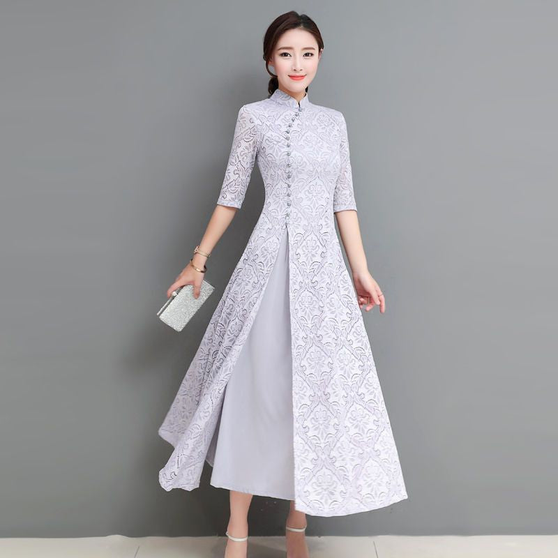 Patterned Elbow Sleeve Qipao