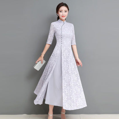 Patterned Elbow Sleeve Qipao