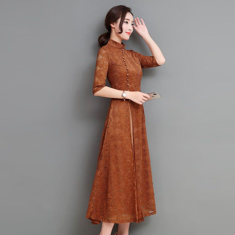 Patterned Elbow Sleeve Qipao