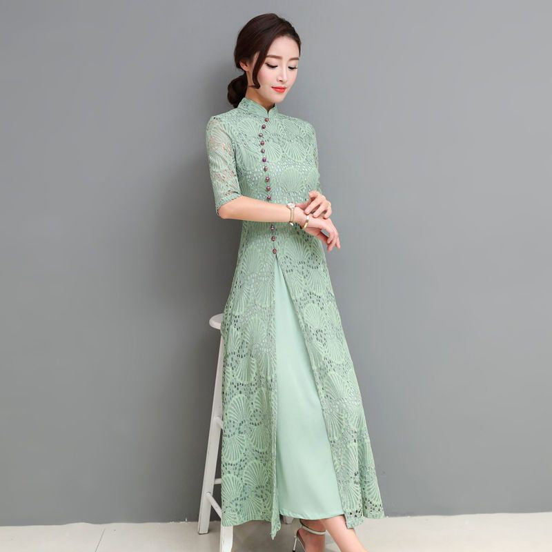 Patterned Elbow Sleeve Qipao