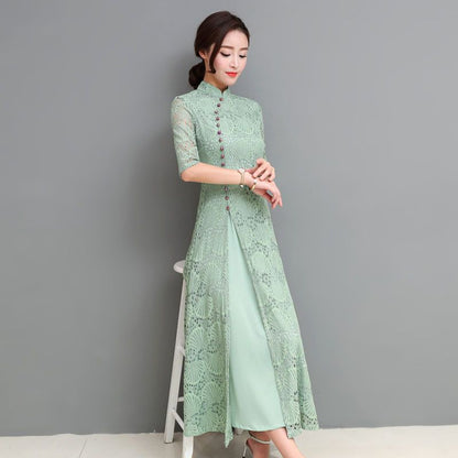 Patterned Elbow Sleeve Qipao