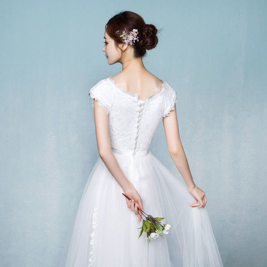 Lace Panel Short-Sleeve Midi Bridesmaid Dress