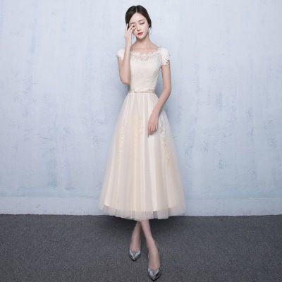 Lace Panel Short-Sleeve Midi Bridesmaid Dress