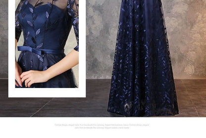 Elbow-Sleeve Lace Evening Gown