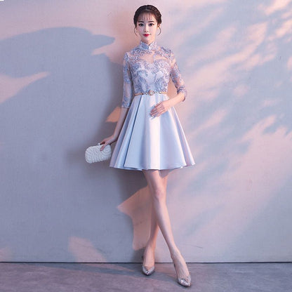 Lace Panel Elbow Sleeve Bridesmaid Dress