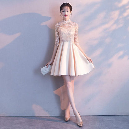 Lace Panel Elbow Sleeve Bridesmaid Dress