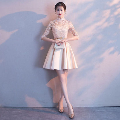 Lace Panel Elbow Sleeve Bridesmaid Dress