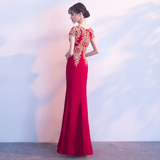 Patterned Short Sleeve Side Slit Evening Gown