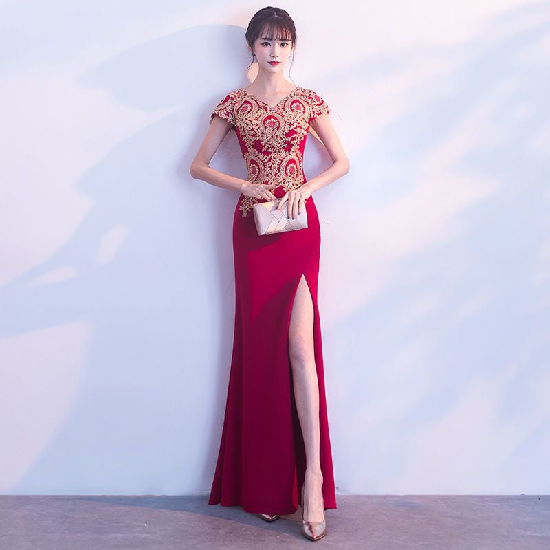 Patterned Short Sleeve Side Slit Evening Gown