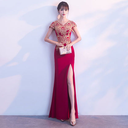 Patterned Short Sleeve Side Slit Evening Gown