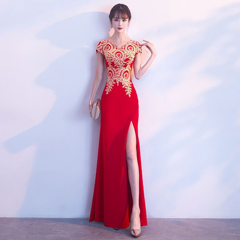 Patterned Short Sleeve Side Slit Evening Gown