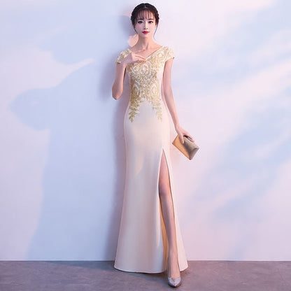 Patterned Short Sleeve Side Slit Evening Gown