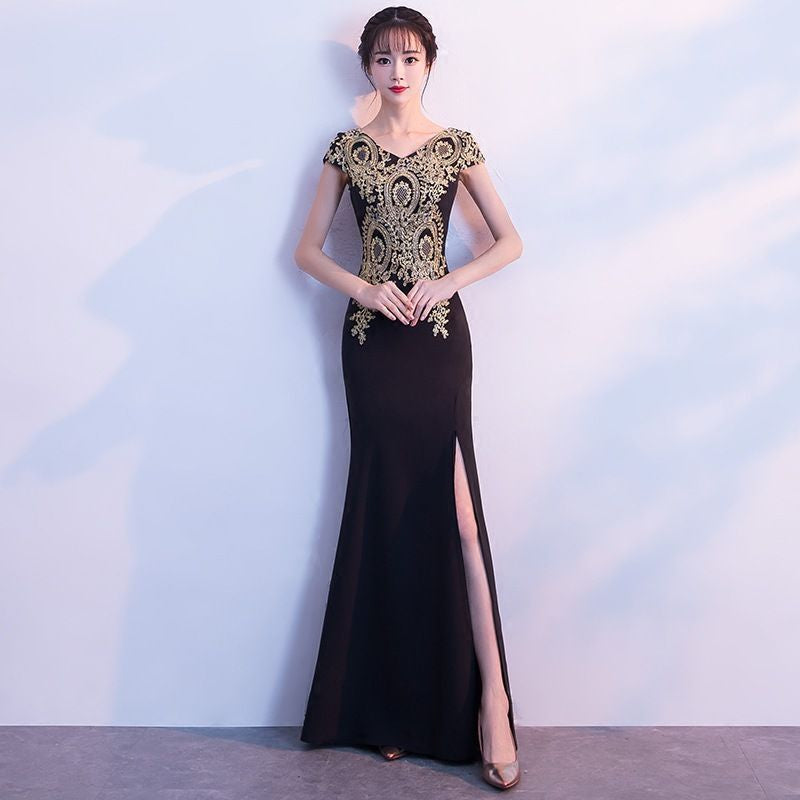 Patterned Short Sleeve Side Slit Evening Gown