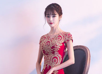 Patterned Short Sleeve Side Slit Evening Gown