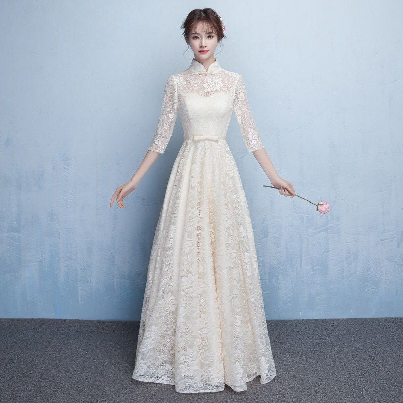 Elbow-Sleeve Lace Midi Prom Dress / A-Line Evening Gown