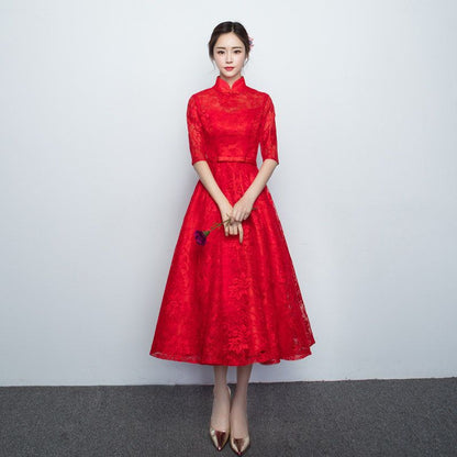 Elbow-Sleeve Lace Midi Prom Dress / A-Line Evening Gown