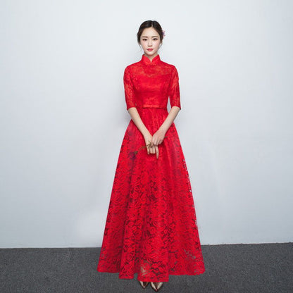 Elbow-Sleeve Lace Midi Prom Dress / A-Line Evening Gown