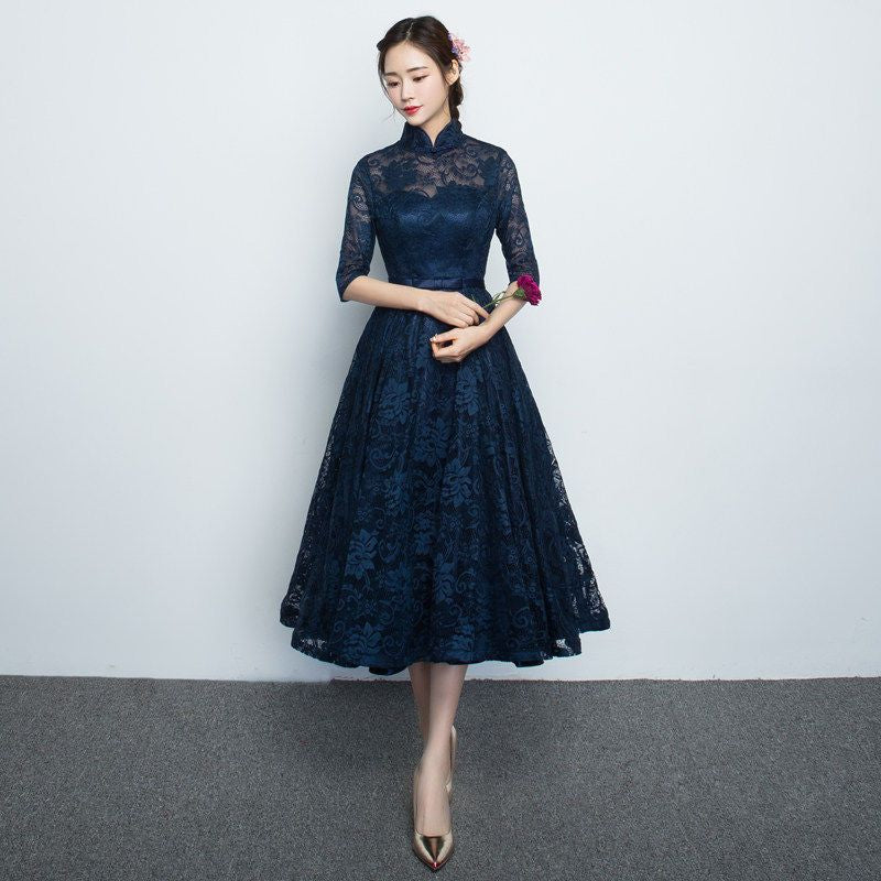 Elbow-Sleeve Lace Midi Prom Dress / A-Line Evening Gown