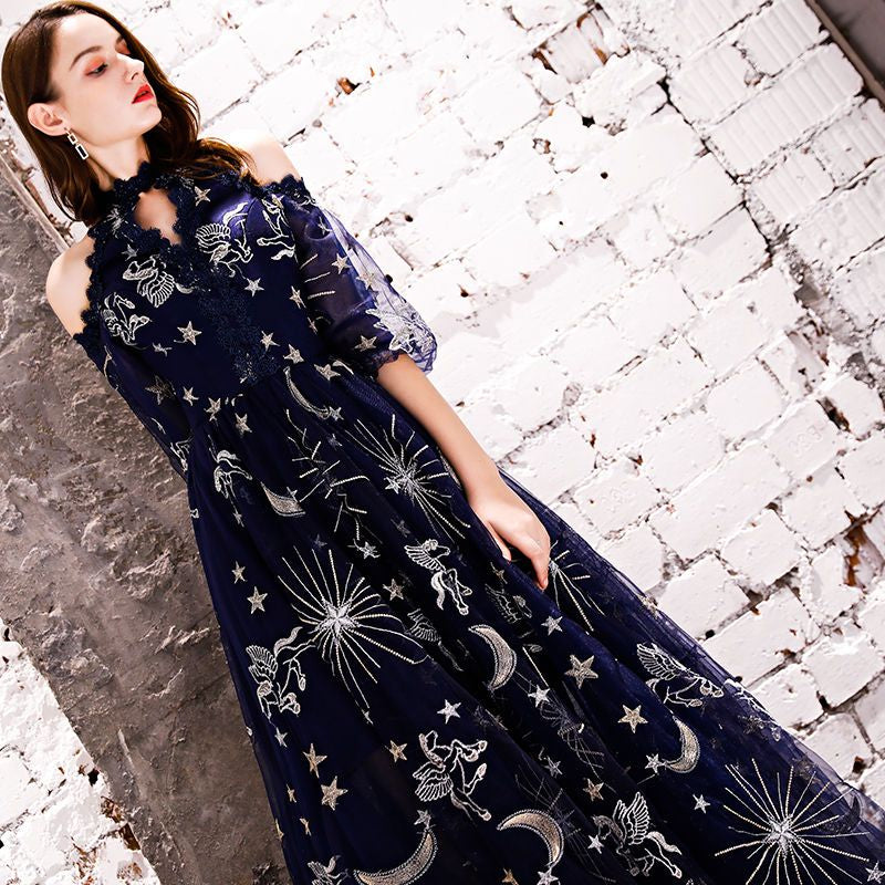 Cold Shoulder Embroidered Evening Gown