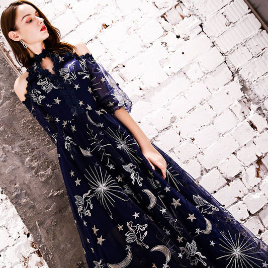 Cold Shoulder Embroidered Evening Gown