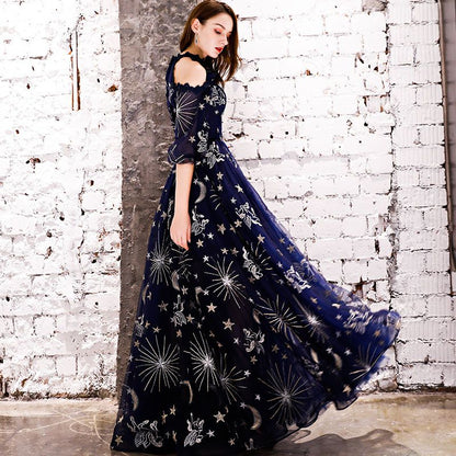 Cold Shoulder Embroidered Evening Gown