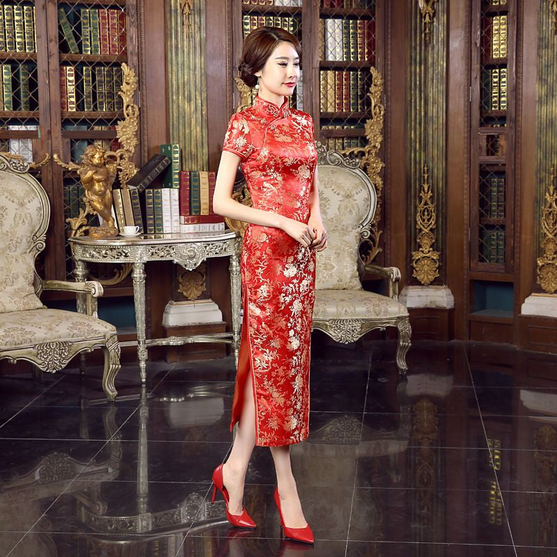 Short Sleeve Jacquard Midi Qipao