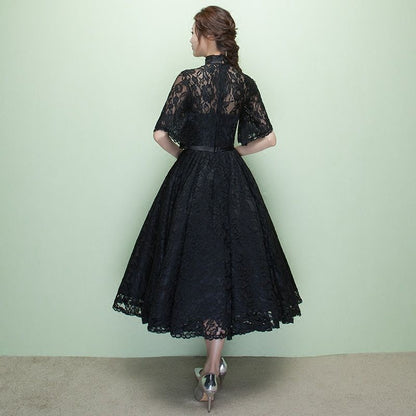 Elbow-Sleeve Lace Midi  A-line Party Dress