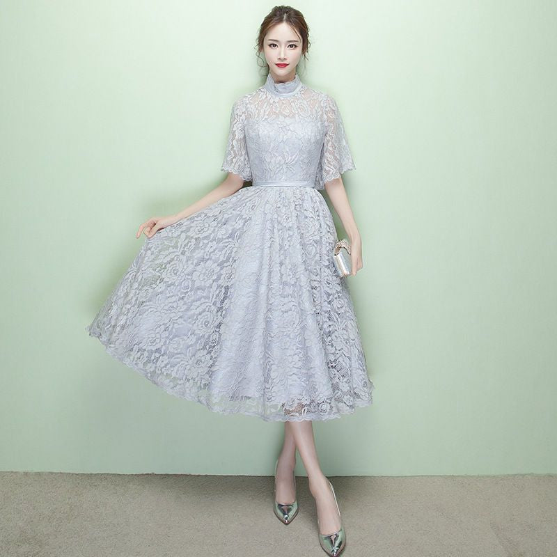 Elbow-Sleeve Lace Midi  A-line Party Dress