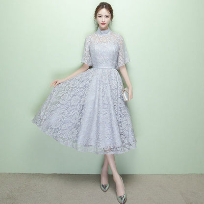 Elbow-Sleeve Lace Midi  A-line Party Dress
