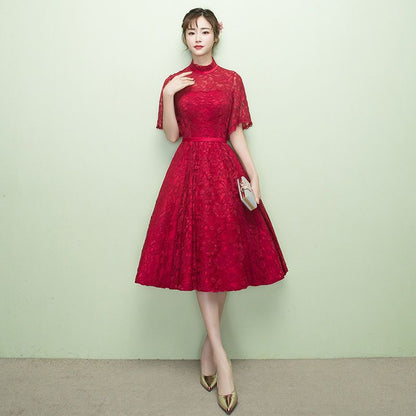Elbow-Sleeve Lace Midi  A-line Party Dress