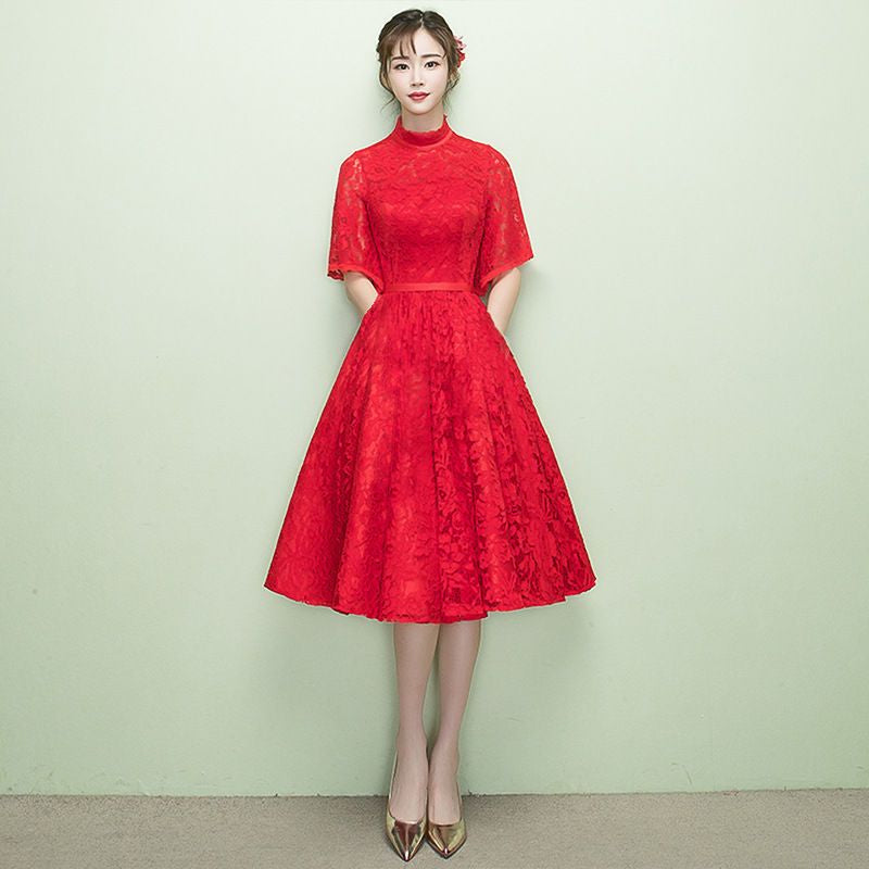 Elbow-Sleeve Lace Midi  A-line Party Dress