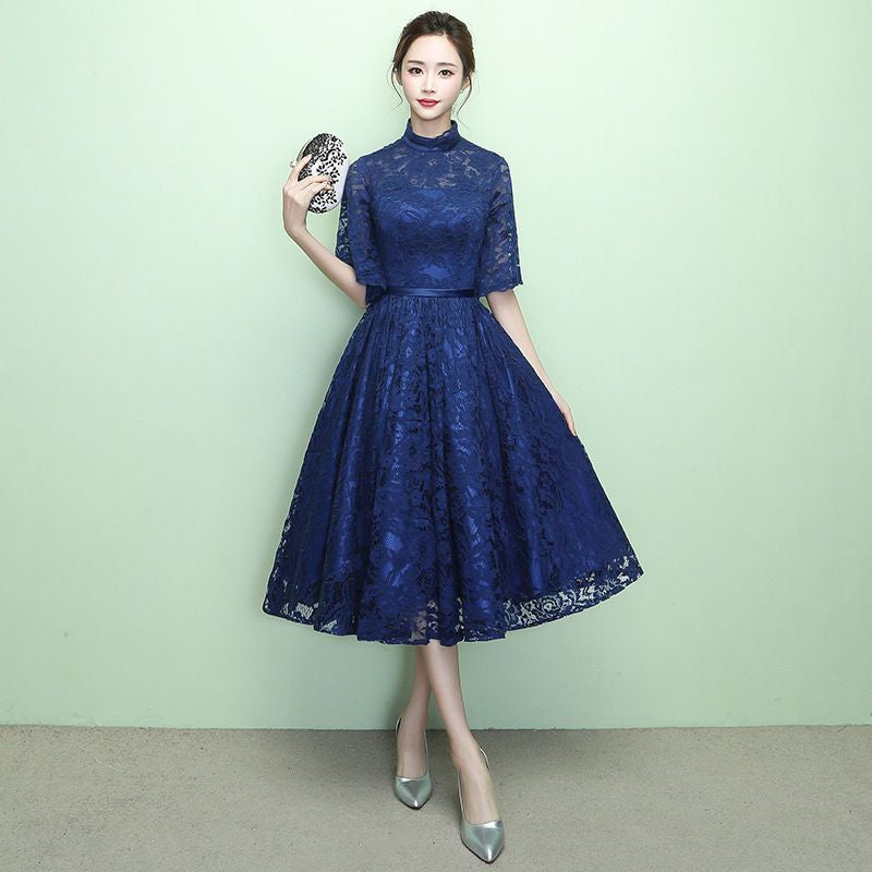 Elbow-Sleeve Lace Midi  A-line Party Dress