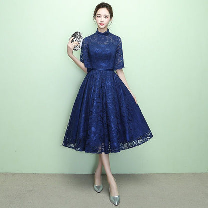 Elbow-Sleeve Lace Midi  A-line Party Dress