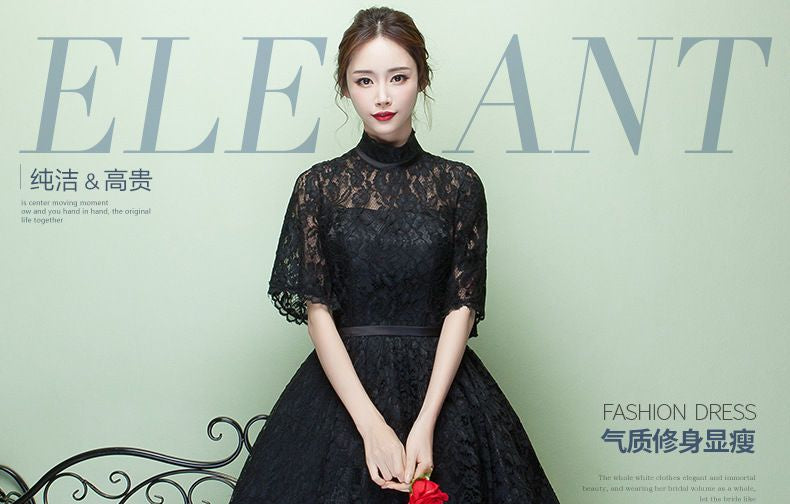 Elbow-Sleeve Lace Midi  A-line Party Dress