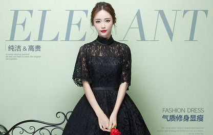 Elbow-Sleeve Lace Midi  A-line Party Dress